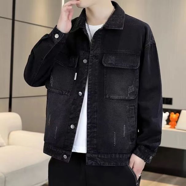 Men's Denim Jacket Slim Fit Casual Spring Autumn Vintage Workwear Coat With Pockets_mkmklike.com