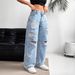 Women's High-Waisted Straight-Leg Jeans – Distressed Washed Denim With Ripped Details (Light Blue/Deep Blue)_mkmklike.com