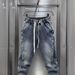 Men's Vintage Washed Blue Jeans – Relaxed Fit Cargo Pants With Button Accents & Mid-Rise Waist (90s Streetwear Revival)_mkmklike.com