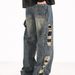 Men's Clothing Autumn Hard Work High Waist Washed Side Big Hole Wide Leg Handsome And Slim Distressed Jeans_mkmklike.com