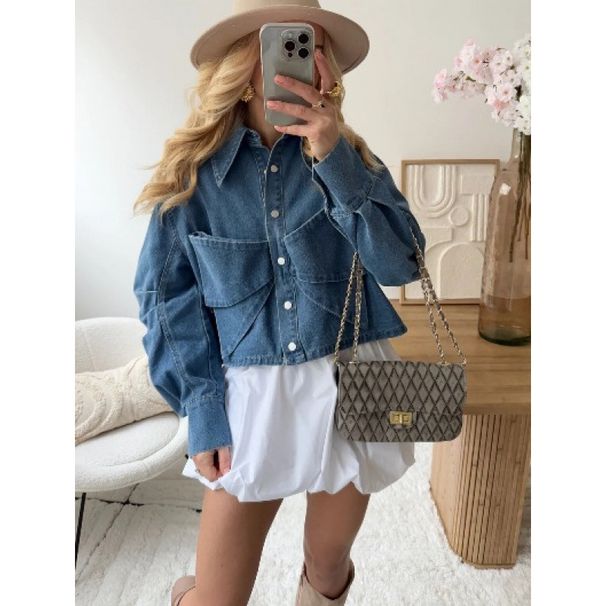 Bow-Detailed Denim Jacket – Cropped Long Sleeve Distressed Overcoat With Contrast Panels (Dark Blue/Light Blue)_mkmklike.com