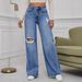 Women's Clothing Wide Leg Straight High Waisted Floor Length Pants Ripped Jeans_mkmklike.com
