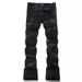 Unisex Matte Black Flared Jeans, White Hand-Drawn Scratch Embroidery & Light Distressing, Subculture Hip Hop Motorcycle Dark Streetwear Stacked, Breat_mkmklike.com