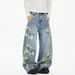 BSJ Trendy Spring Retro Floral Embroidered Curved Jeans For Men And Women, Loose Fit And Wide Leg Design._mkmklike.com