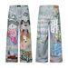 Unisex Trendy Cartoon Print Design Loose Wide Leg Jeans Retro High Street Style Men's Clothing Denim_mkmklike.com