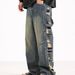 Men's Clothing Autumn Hard Work High Waist Washed Side Big Hole Wide Leg Handsome And Slim Distressed Jeans_mkmklike.com