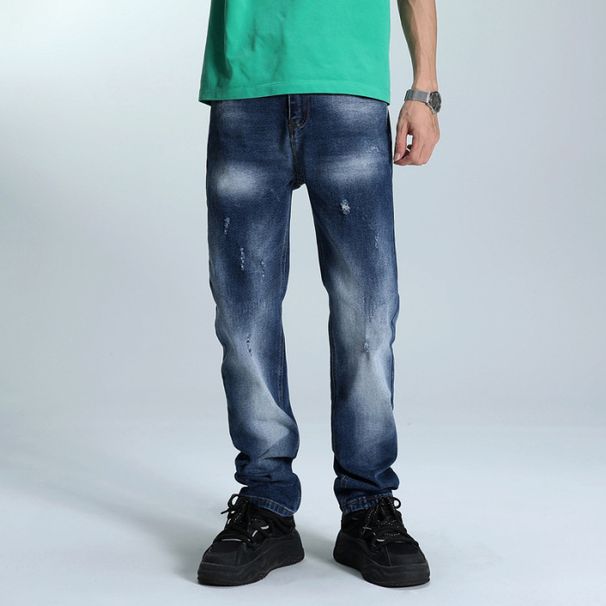Men's Premium Streetwear Denim Jeans - Dark Blue With Vintage White Wash, Relaxed Straight Fit, Cotton Comfort For Casual & Urban Style_mkmklike.com