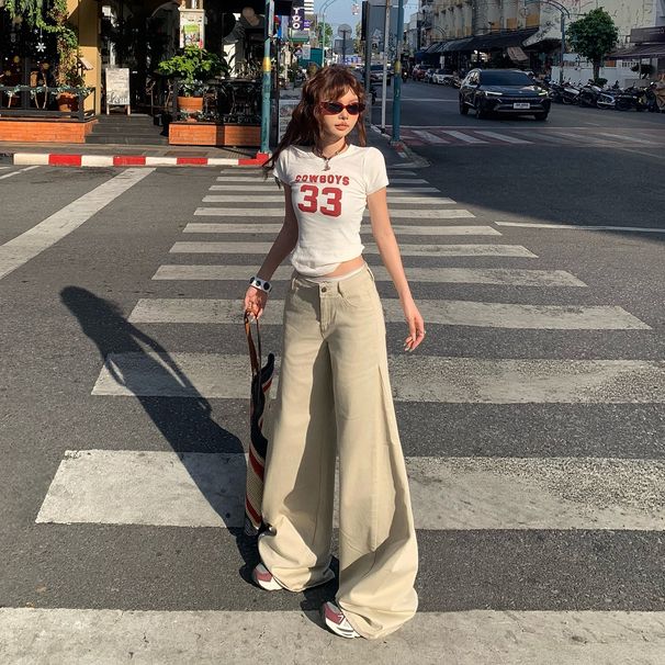 YC&American Retro Loose-fitting Low-waist Flared Pants With Drape Effect, Floor-length Wide-leg Pants, Versatile_mkmklike.com