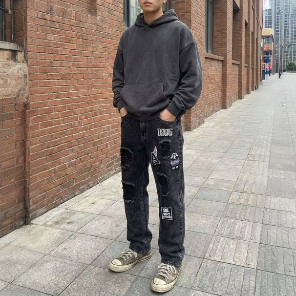 Men's Streetwear Distressed Denim Jeans Loose Fit Washed Black Grey Embroidery Ripped Details 30-38_mkmklike.com