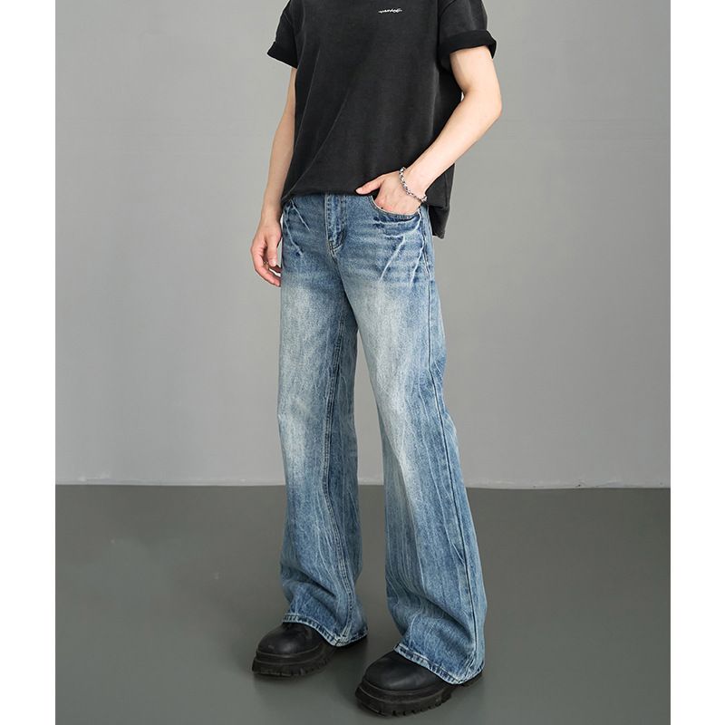 Men's Distressed Denim Jeans – Vintage Lightning Crack Wash, Straight To Slight Flare Leg, High-Street Casual Pants For Urban Style_mkmklike.com