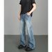 Men's Distressed Denim Jeans – Vintage Lightning Crack Wash, Straight To Slight Flare Leg, High-Street Casual Pants For Urban Style_mkmklike.com