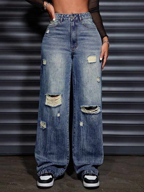 Women's Relaxed Straight-Leg Distressed Jeans – Vintage Washed Denim, Comfortable & Stylish_mkmklike.com