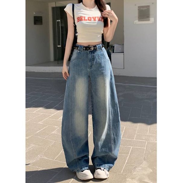 Wholesale American Retro High-waisted Straight Wide-leg Curved Jeans For Women, Spring Collection, Loose-fitting,_mkmklike.com