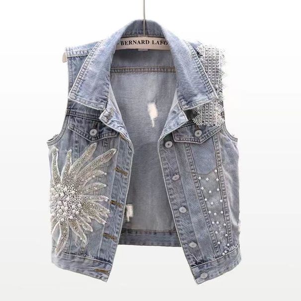 Women's Distressed Denim Vest With Beaded Floral Embroidery – Lightweight Spring/Summer Short Sleeve Ripped Vest Top (Light Blue) – Sizes S-3XL_mkmklike.com