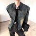 Shoulder Pad Stand Up Collar Denim Jacket Short Denim Jacket_mkmklike.com