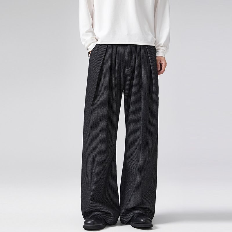 LKTM Old Fashioned Three Pleated Striped Curved Blade Jeans High End Wide Leg Men's Casual Dress Pants For Commuter_mkmklike.com