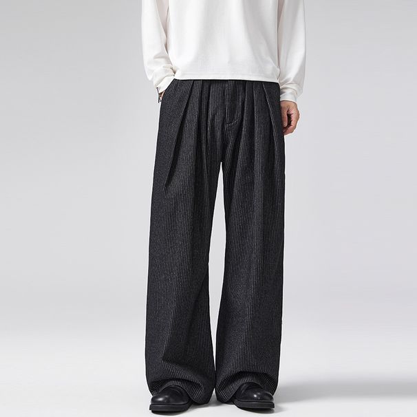 LKTM Old Fashioned Three Pleated Striped Curved Blade Jeans High End Wide Leg Men's Casual Dress Pants For Commuter_mkmklike.com