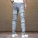 Men's Distressed Slim Fit Stretch Jeans - Light Blue Ripped Denim Pants With Raw Hem (30-40, Cotton Blend, Streetwear Style)_mkmklike.com