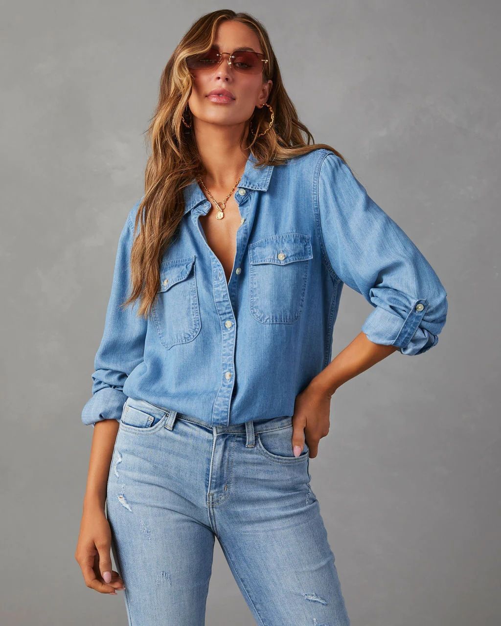 Women's Clothing Denim Shirt Long Sleeve Casual Button Down Shirt With Polo Collar For Autumn Streetwear_mkmklike.com