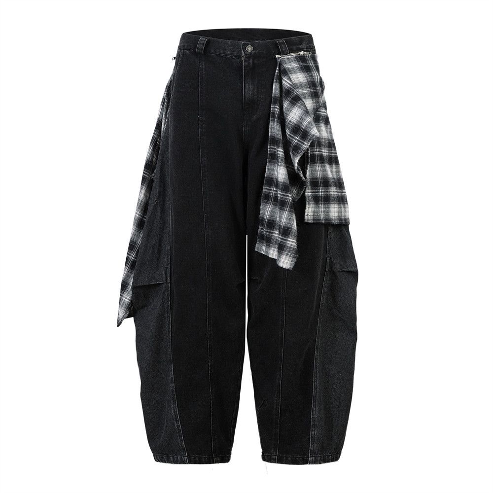 Two-Piece Loose Scimitar Pants Niche Trendy Brand Men's Fashion Design Plaid Detachable Zipper Curved Wide-Leg_mkmklike.com