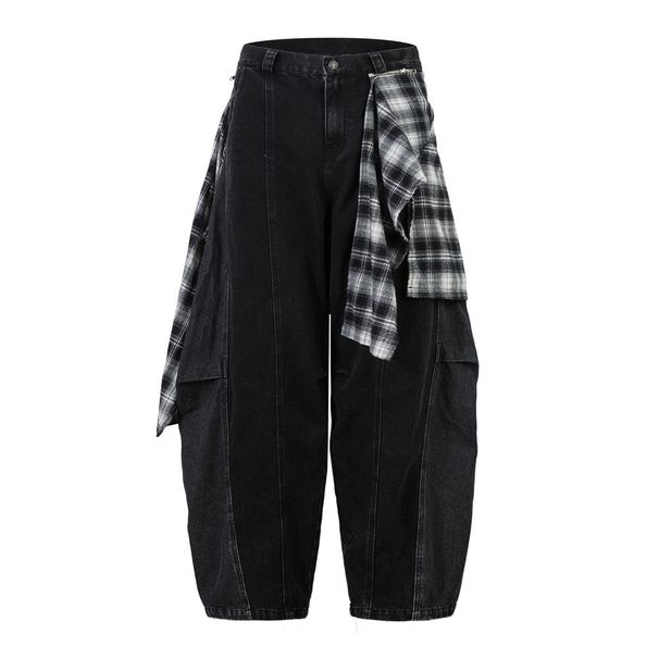 Two-Piece Loose Scimitar Pants Niche Trendy Brand Men's Fashion Design Plaid Detachable Zipper Curved Wide-Leg_mkmklike.com