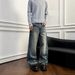 Unisex Casual Straight Leg Denim Jeans mid Waist Distressed Pleated Loose Fitting Long Culottes Blue Zipper Fly Kpop Normcore Minimalist_mkmklike.com
