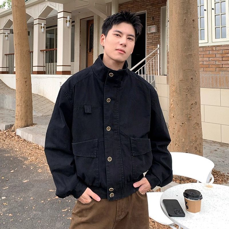 Retro Multi Pocket Stand Up Collar Jacket, Trendy Denim Jacket For Men_mkmklike.com