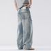 Washed Color-Block Faded Jeans For Men Loose Street Style Straight-Leg Pants Casual Versatile Floor-Length Trousers_mkmklike.com