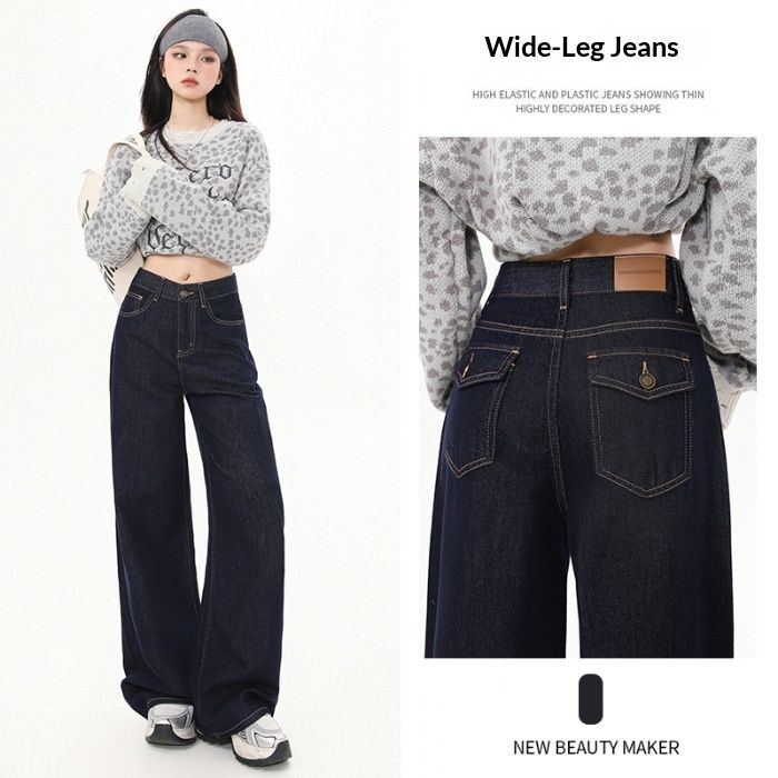 Retro Dark Blue Wide-leg Jeans For Women, 2024 Autumn High-waisted Loose Slimming Vintage Casual Drapey Floor-length_mkmklike.com