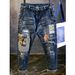 Men's Retro Patchwork Jeans – Distressed Loose Fit Denim Pants With Bear & Random Patches | Edgy Streetwear Style_mkmklike.com