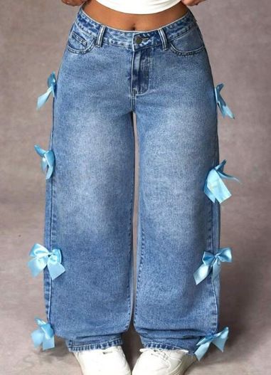 Women's Clothing Street Hot Girl Bow Collage Washed Jeans Straight Trousers_mkmklike.com