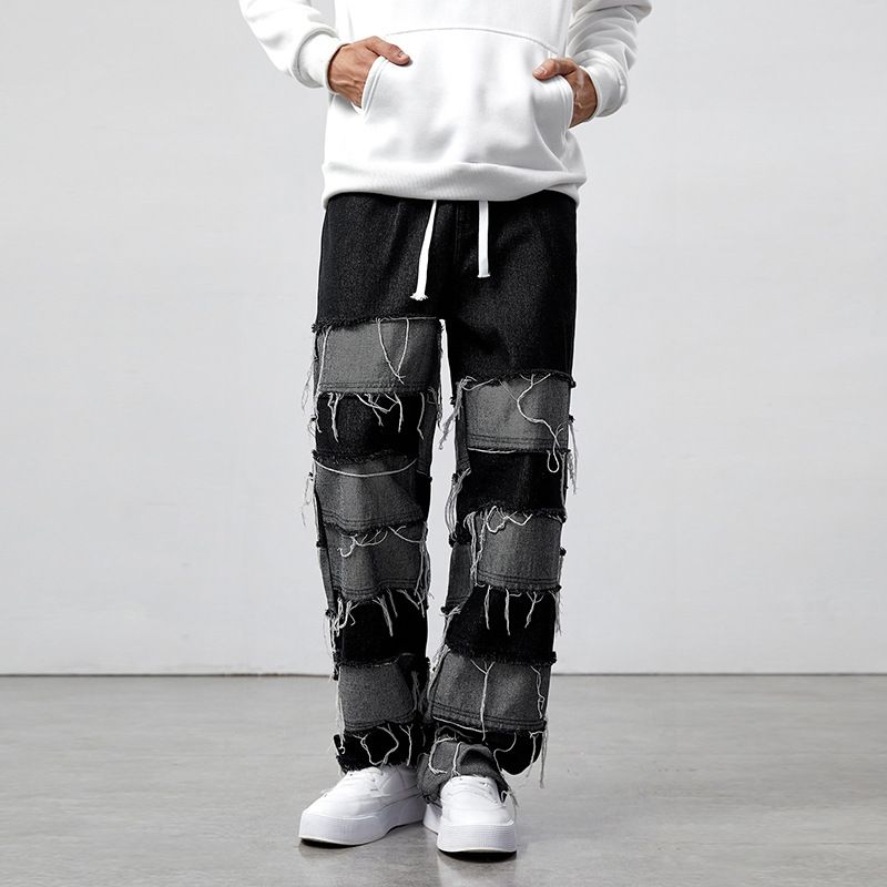 Men's Clothing Tassel Stitching Jeans Straight Through Wide Leg Pants Large Size Men's Jeans_mkmklike.com
