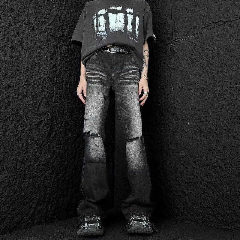 Men's High-Waist Ripped Denim Trousers Summer Fashion Slightly Flared Loose Fit Distressed Jeans High Street Style_mkmklike.com