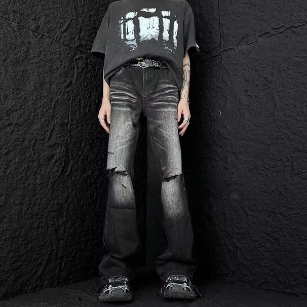 Men's High-Waist Ripped Denim Trousers Summer Fashion Slightly Flared Loose Fit Distressed Jeans High Street Style_mkmklike.com