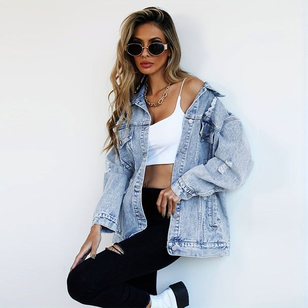 Distressed Denim Jacket Women's Oversized Streetwear Coat With Unique Ripped Design, Casual Loose Fit, Long Sleeve, Blue_mkmklike.com