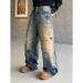Men's Clothing Rhinestone Ripped Jeans Unisex Vintage Star-Studded Distressed Jeans – Unisex Baggy Straight-Leg Pants (L-XXXL) | Retro Washed Blue_mkmklike.com