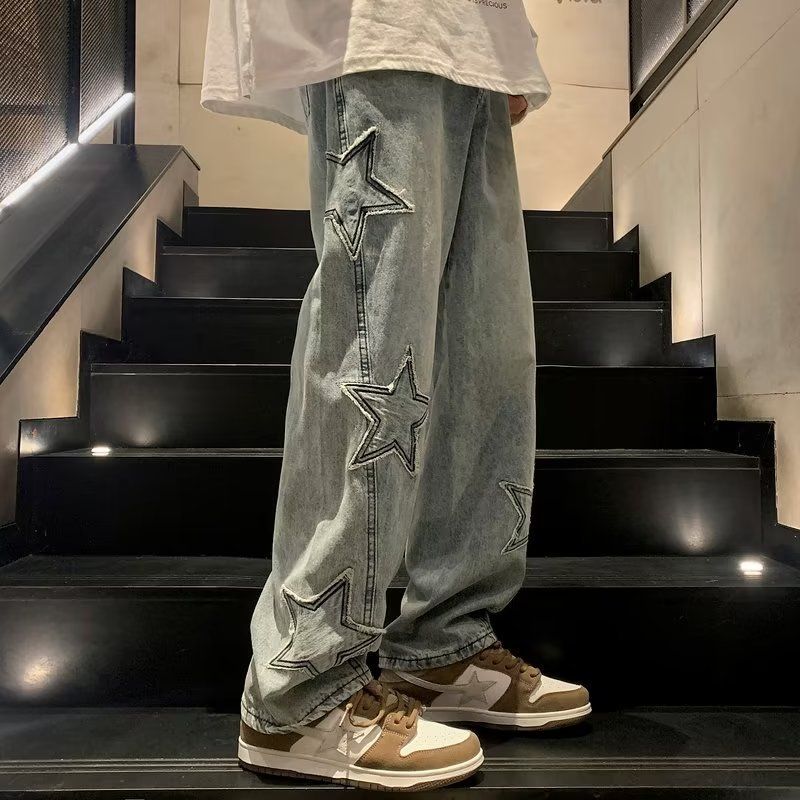 Men's Distressed Denim Trousers Loose Straight Fit American High Street Style Trendy All Match Star Design_mkmklike.com