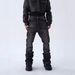 Distressed Washed Black Striped Faded Straight Leg Flared Jeans American High Street Style Slim Fit With Splatter Paint And Frayed Edges_mkmklike.com