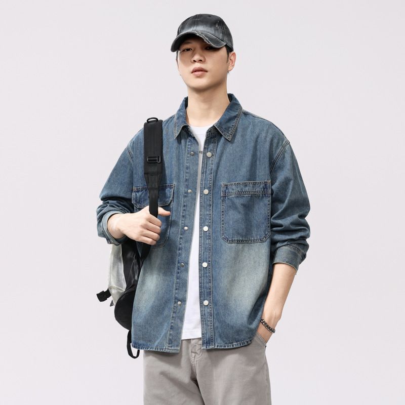 American Washed Denim Men's Long Sleeved New Style Casual Shirt Workwear Jacket Trendy Spring And Autumn_mkmklike.com