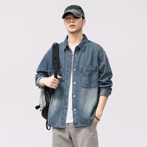 American Washed Denim Men's Long Sleeved New Style Casual Shirt Workwear Jacket Trendy Spring And Autumn_mkmklike.com