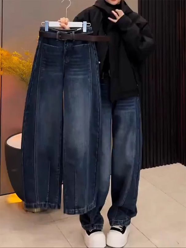 Women's Clothing Slim Fit Wide Leg Jeans With Curved Lines, New Autumn Style, Plus Size, Pear Shaped Figure, High Waisted, Loose Banana Pants._mkmklike.com