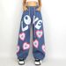 girl contrast color love graffiti print loose jeans mopping wide leg pants_mkmklike.com