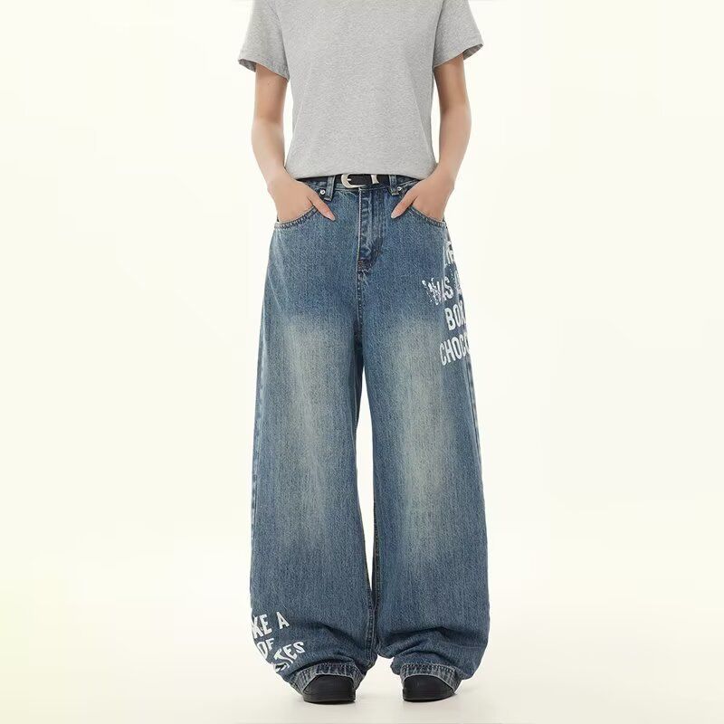 American High Street Retro Washed Boys And Girls Wide-leg Trousers Loose Straight Jeans Trendy_mkmklike.com