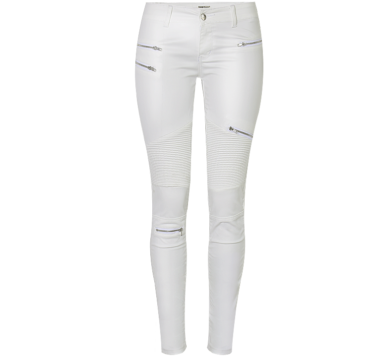 Women's Clothing White Leather Denim Pants With Stitching And Multi Zipper Motorcycle Style_mkmklike.com