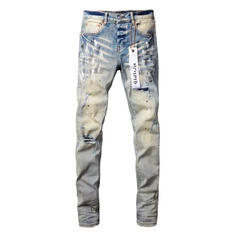 High Street Trend Brand AMR Spring Summer New Paint Splatter Light Color Ripped Jeans Men Elastic Slim Fit Skinny Pants_mkmklike.com