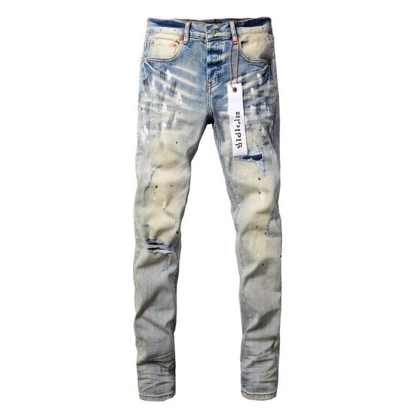 High Street Trend Brand AMR Spring Summer New Paint Splatter Light Color Ripped Jeans Men Elastic Slim Fit Skinny Pants_mkmklike.com