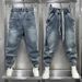 Men's Light Blue Distressed Jeans – Loose Fit Cargo Pants With Adjustable Drawstring & Cuffed Hem, Streetwear Harem Style (S-Xxxl)_mkmklike.com