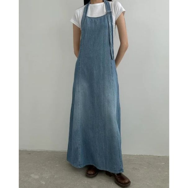 Korean Chic Niche Design Hanging Neck A-Line Denim Dress With Age Reducing Temperament, Slim And Long Skirt For Children_mkmklike.com