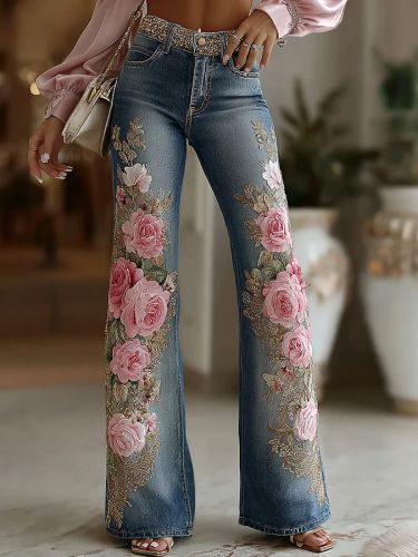 Vintage Pink Rose Embroidery Art Print Flare Jeans For Women - High Waisted Stretch Denim Pants With Floral Design_mkmklike.com