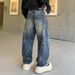 Retro Streetwear Distressed Jeans For Men - Vintage Washed Blue Denim Pants With Lightning Crack & Clean Fit Design (Blue, S-3xl)_mkmklike.com